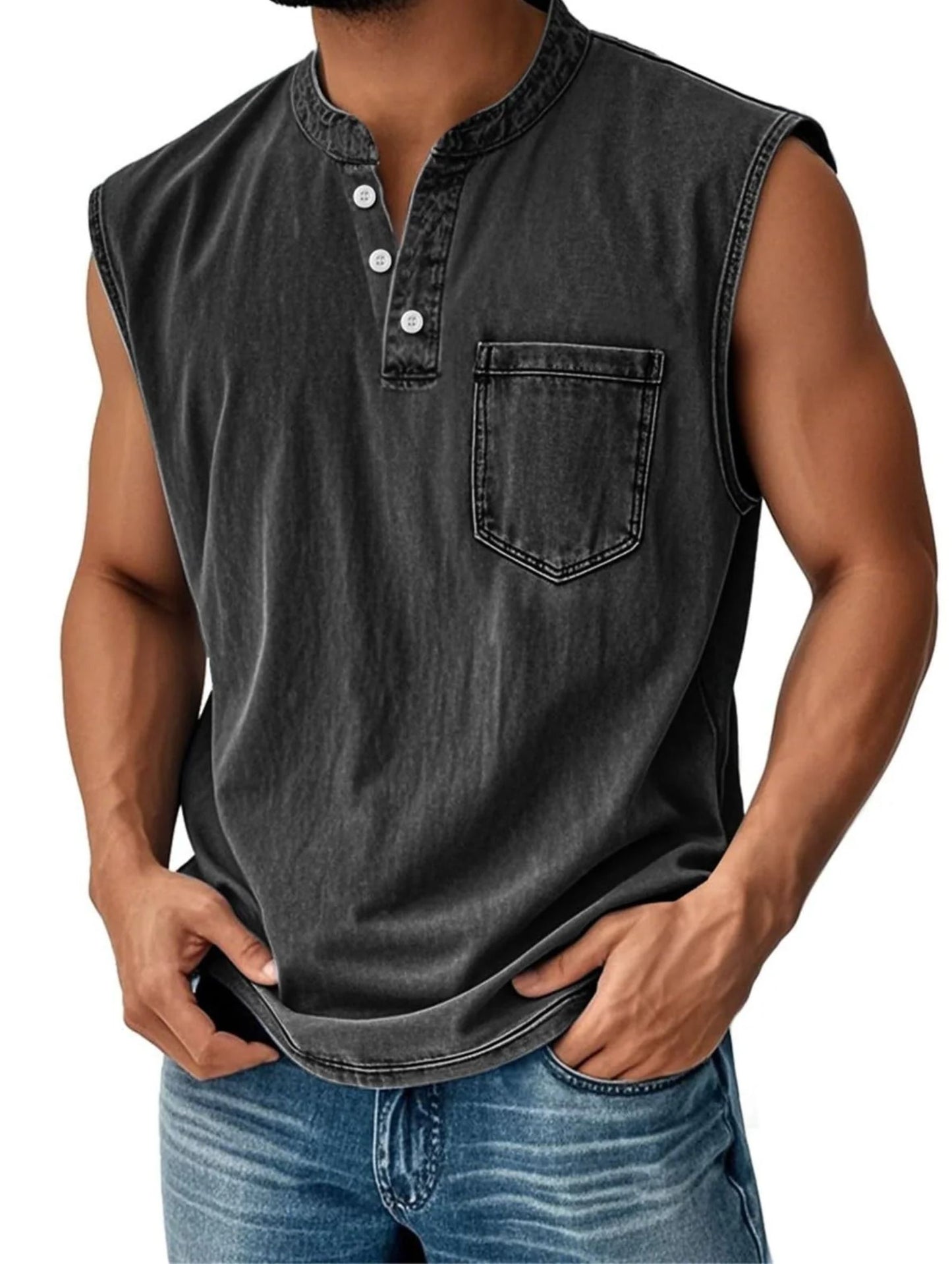 Camiseta Sin Mangas Efecto Denim con Bolsillo