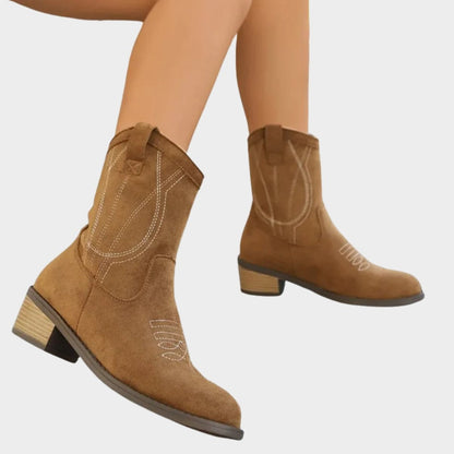Triana | Botines Cowboy Mujer de Ante Bordados Tacón Bloque